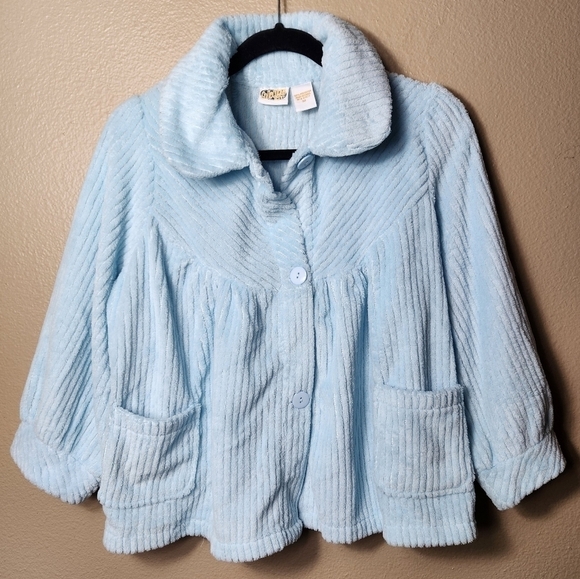 Collections Etc VTG Baby Blue Fuzzy 3/4 Sleeve Peter Pan Jacket w/Pockets-Size M - Picture 1 of 5
